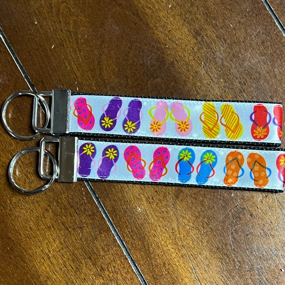 Handcrafted keychain in satin ribbon flip flops, new without tags.